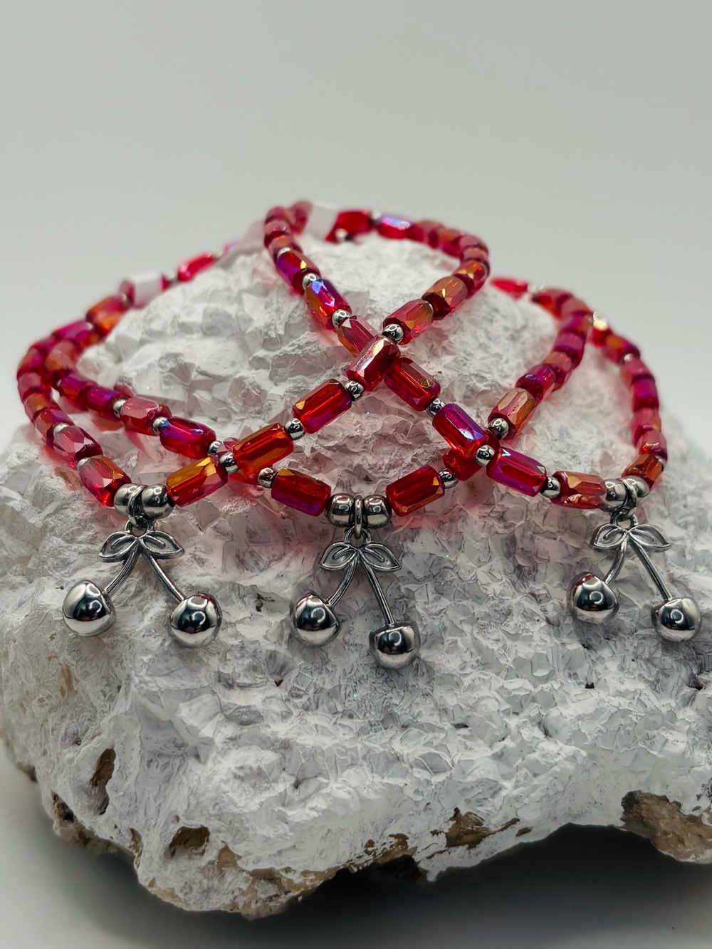 *ANKLET* Silver Cherries with AB Red Stretchy Anklet - Picture 7 of 7